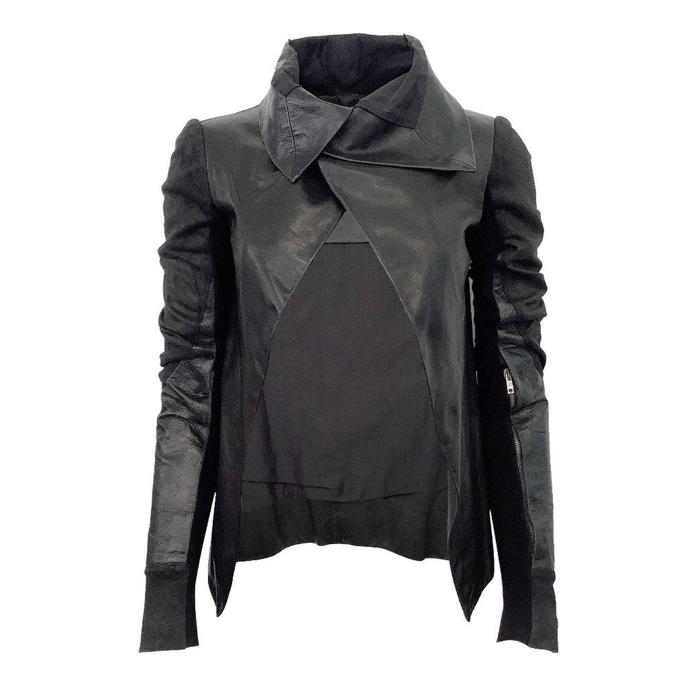 Rick Owens Black Leather Open Front Jacket